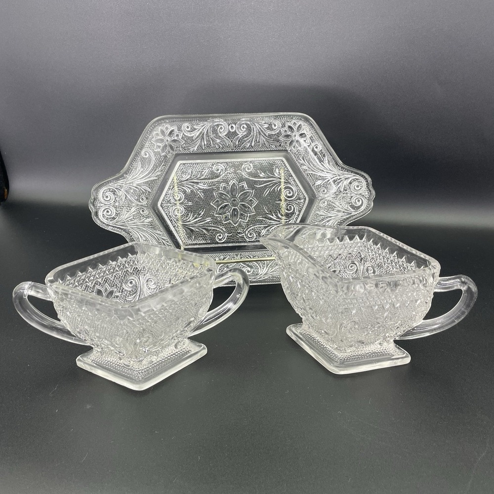 Indiana Glass Clear Sandwich Diamond Shape Creamer & Sugar Bowl with Underplate